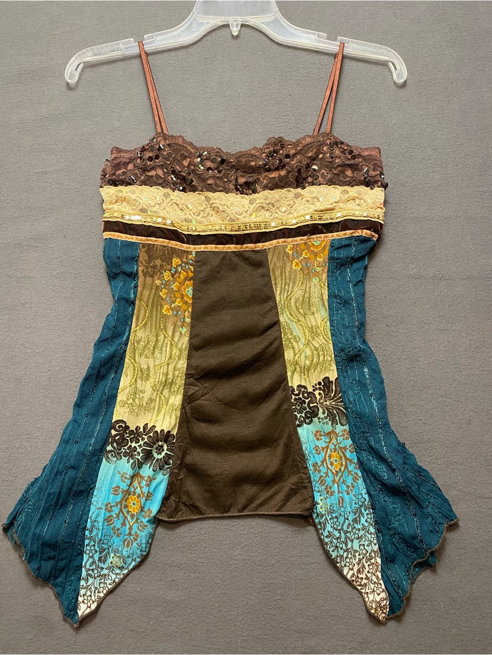 Studio Y Vtg Y2K Teal, Brown & Gold Patchwork Spaghetti-Strap Camisole- Small